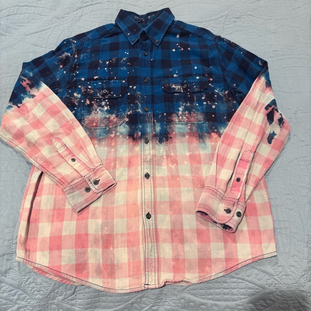 Blue and Pink Plaid Men's Shirt‎ Distressed